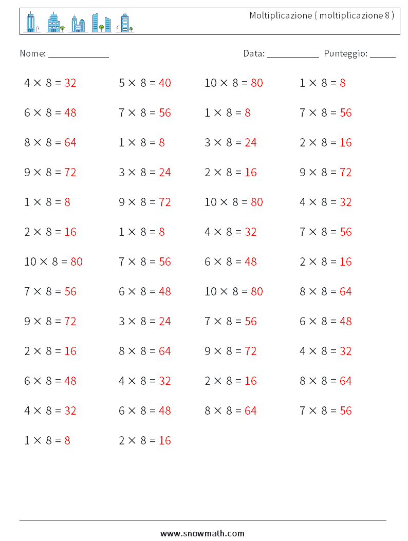 (50) Moltiplicazione ( moltiplicazione 8 ) Fogli di lavoro di matematica 7 Domanda, Risposta
