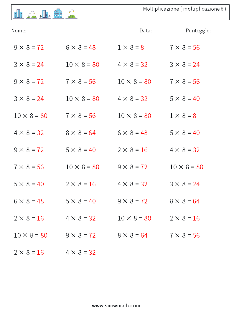 (50) Moltiplicazione ( moltiplicazione 8 ) Fogli di lavoro di matematica 9 Domanda, Risposta