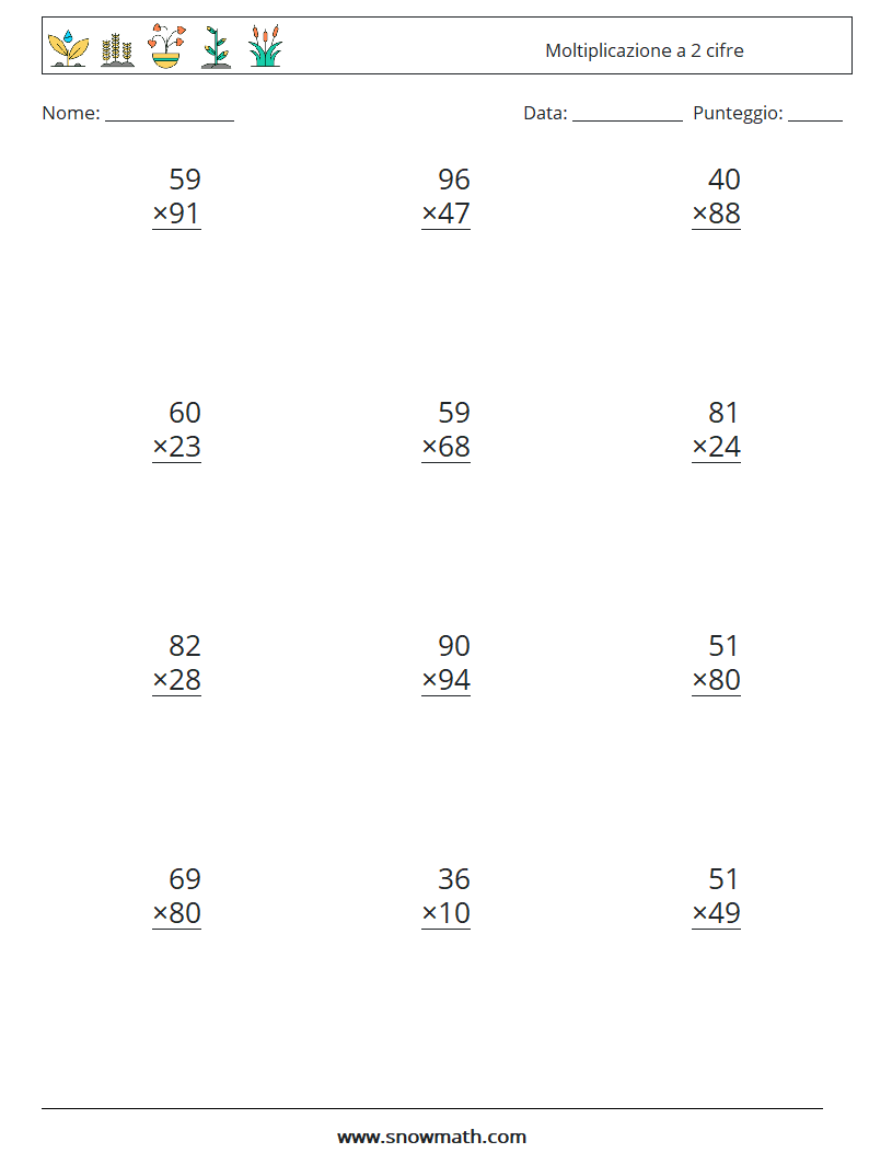 (12) Moltiplicazione a 2 cifre Fogli di lavoro di matematica 10