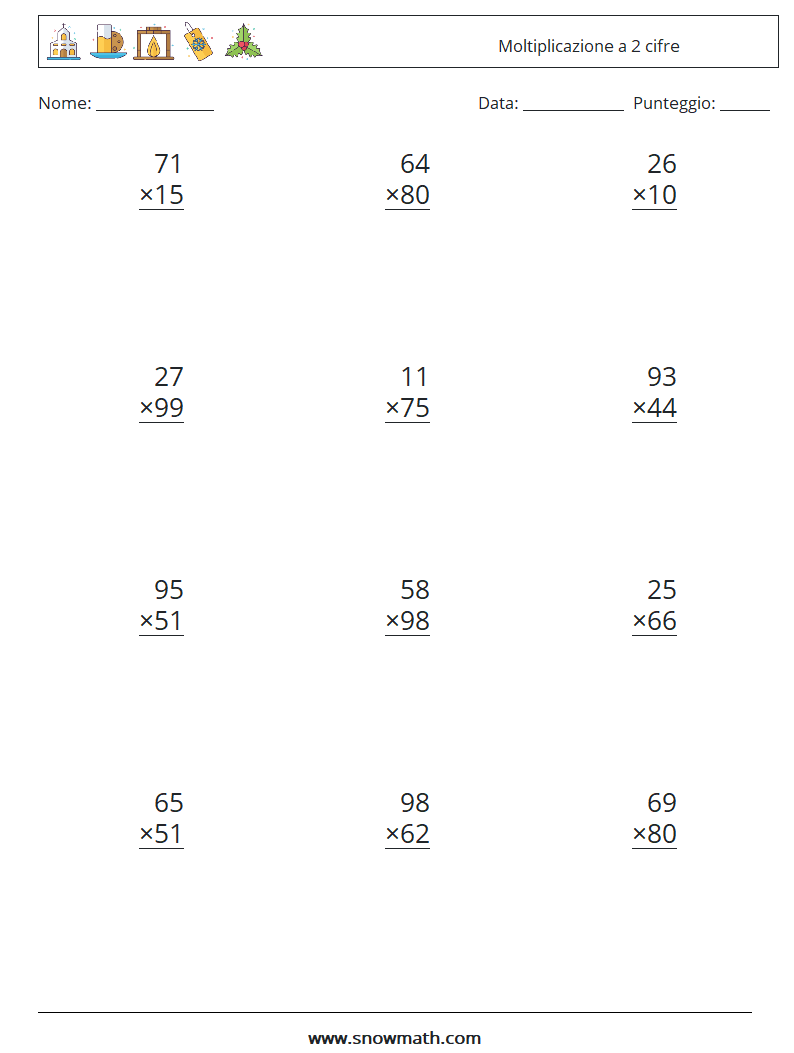 (12) Moltiplicazione a 2 cifre Fogli di lavoro di matematica 11