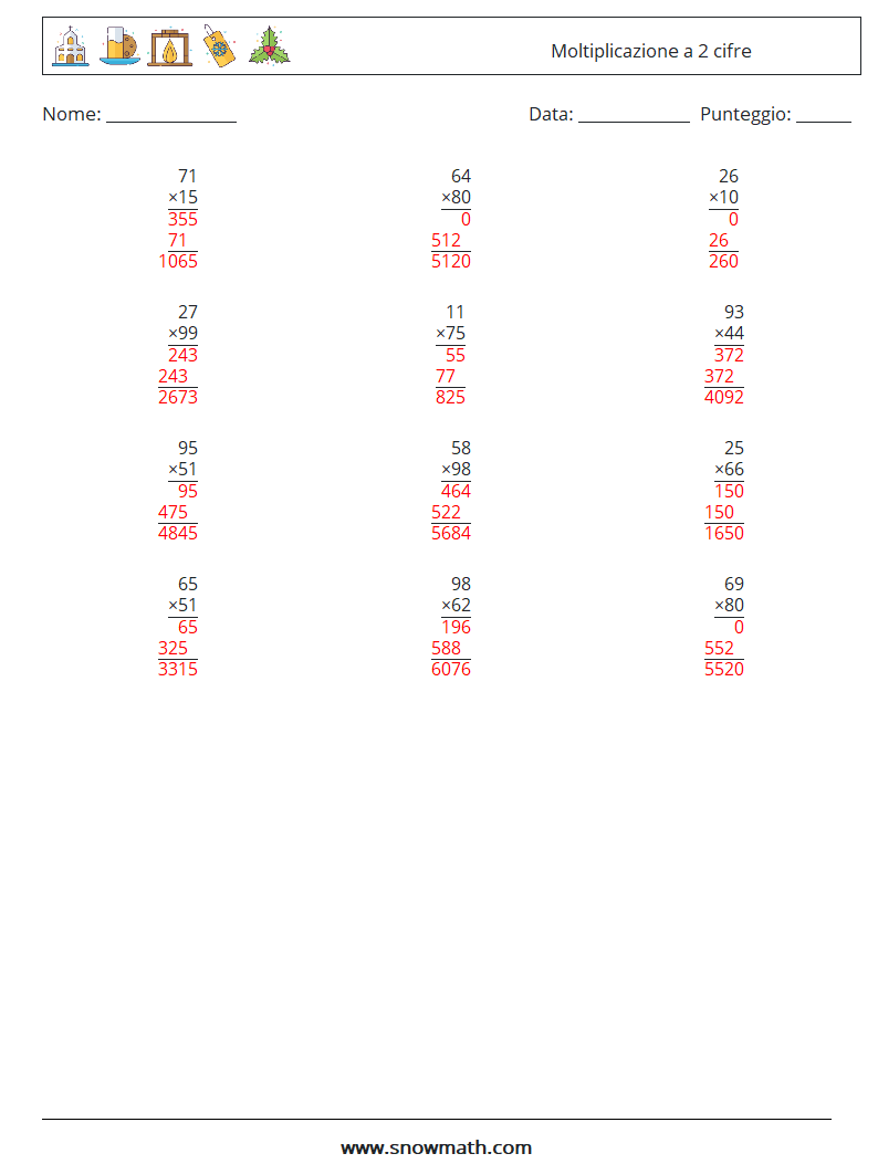 (12) Moltiplicazione a 2 cifre Fogli di lavoro di matematica 11 Domanda, Risposta
