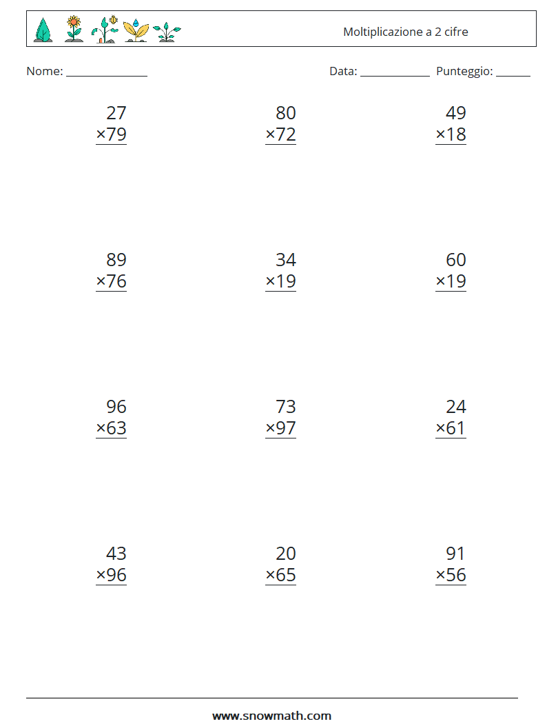 (12) Moltiplicazione a 2 cifre Fogli di lavoro di matematica 12