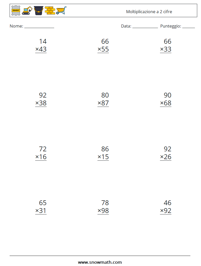 (12) Moltiplicazione a 2 cifre Fogli di lavoro di matematica 13