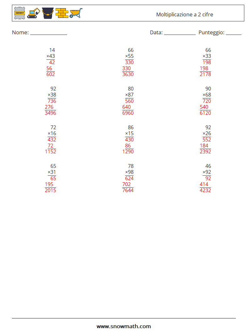 (12) Moltiplicazione a 2 cifre Fogli di lavoro di matematica 13 Domanda, Risposta