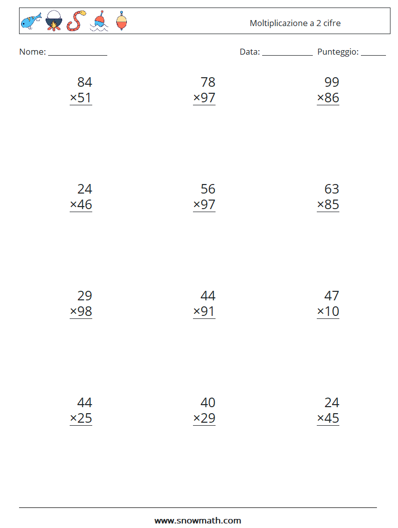 (12) Moltiplicazione a 2 cifre Fogli di lavoro di matematica 14
