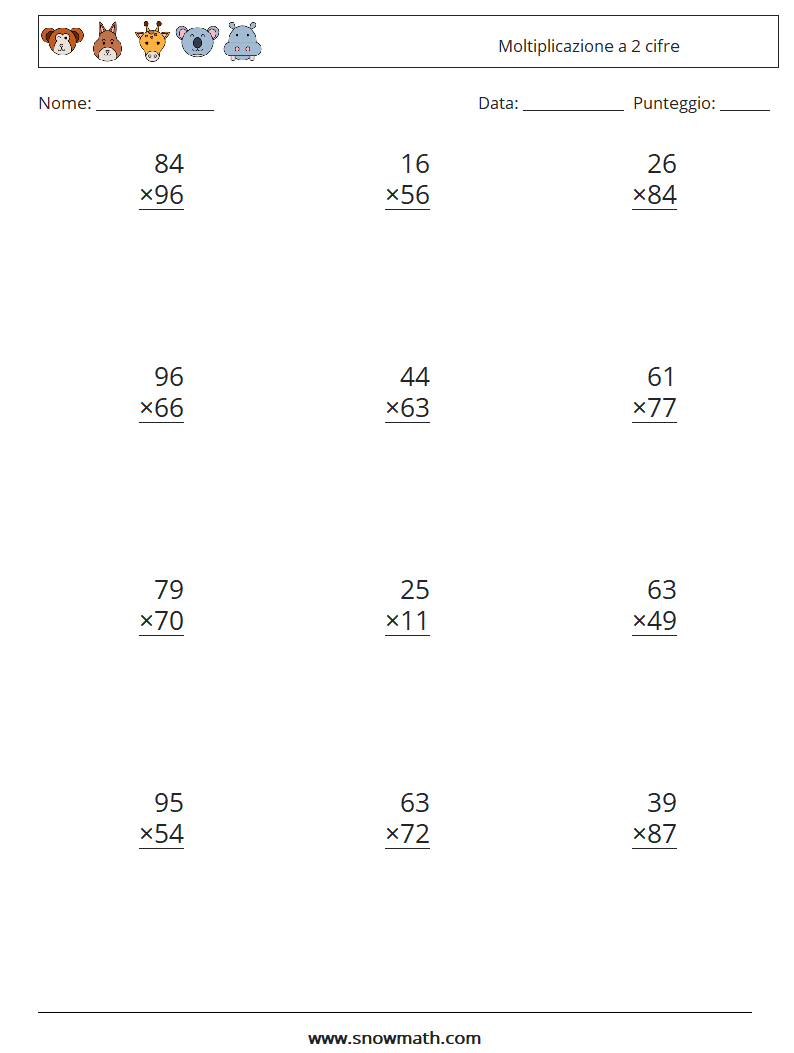 (12) Moltiplicazione a 2 cifre Fogli di lavoro di matematica 15