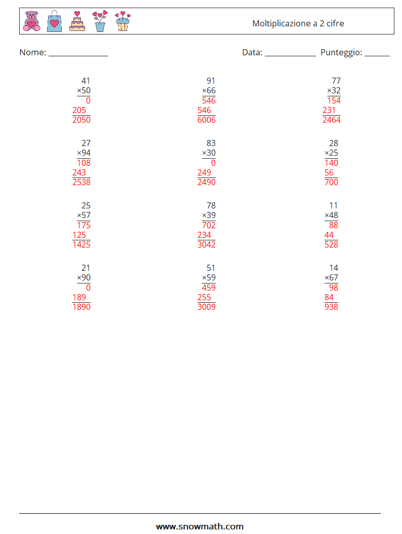 (12) Moltiplicazione a 2 cifre Fogli di lavoro di matematica 1 Domanda, Risposta