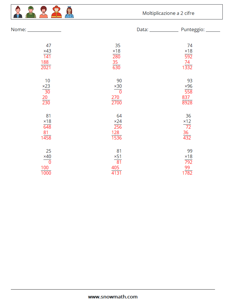(12) Moltiplicazione a 2 cifre Fogli di lavoro di matematica 2 Domanda, Risposta
