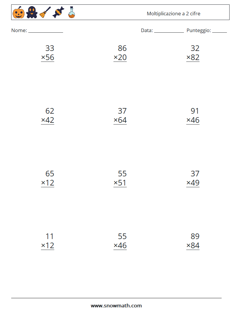 (12) Moltiplicazione a 2 cifre Fogli di lavoro di matematica 3