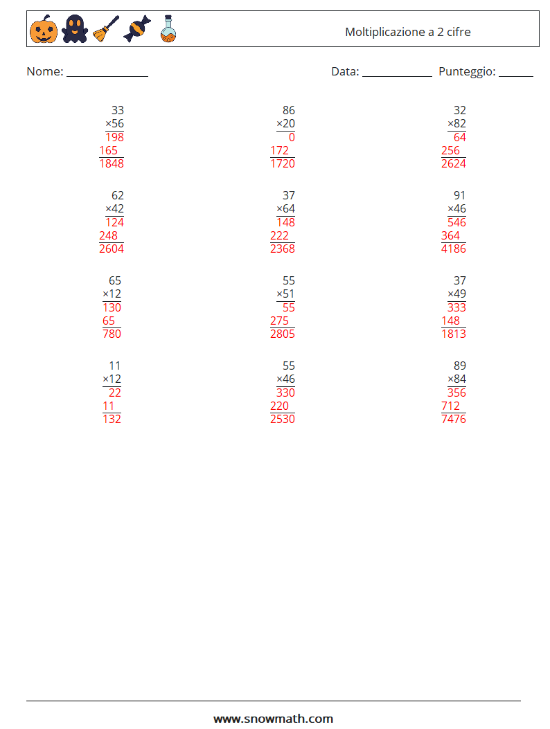 (12) Moltiplicazione a 2 cifre Fogli di lavoro di matematica 3 Domanda, Risposta