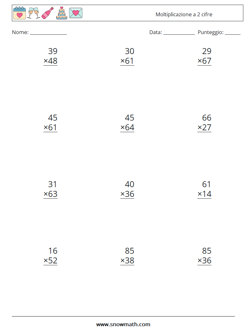 (12) Moltiplicazione a 2 cifre Fogli di lavoro di matematica 4