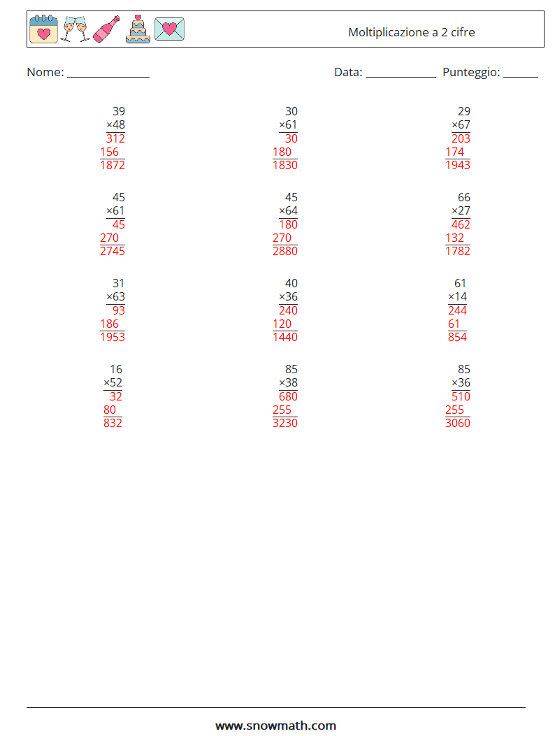 (12) Moltiplicazione a 2 cifre Fogli di lavoro di matematica 4 Domanda, Risposta