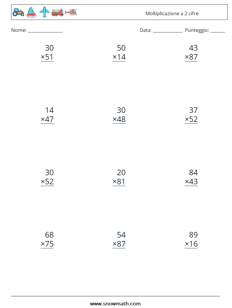 (12) Moltiplicazione a 2 cifre Fogli di lavoro di matematica 5