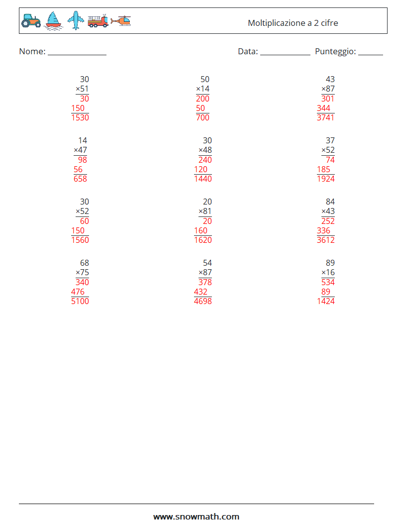 (12) Moltiplicazione a 2 cifre Fogli di lavoro di matematica 5 Domanda, Risposta