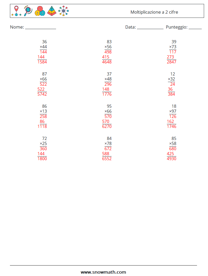 (12) Moltiplicazione a 2 cifre Fogli di lavoro di matematica 6 Domanda, Risposta
