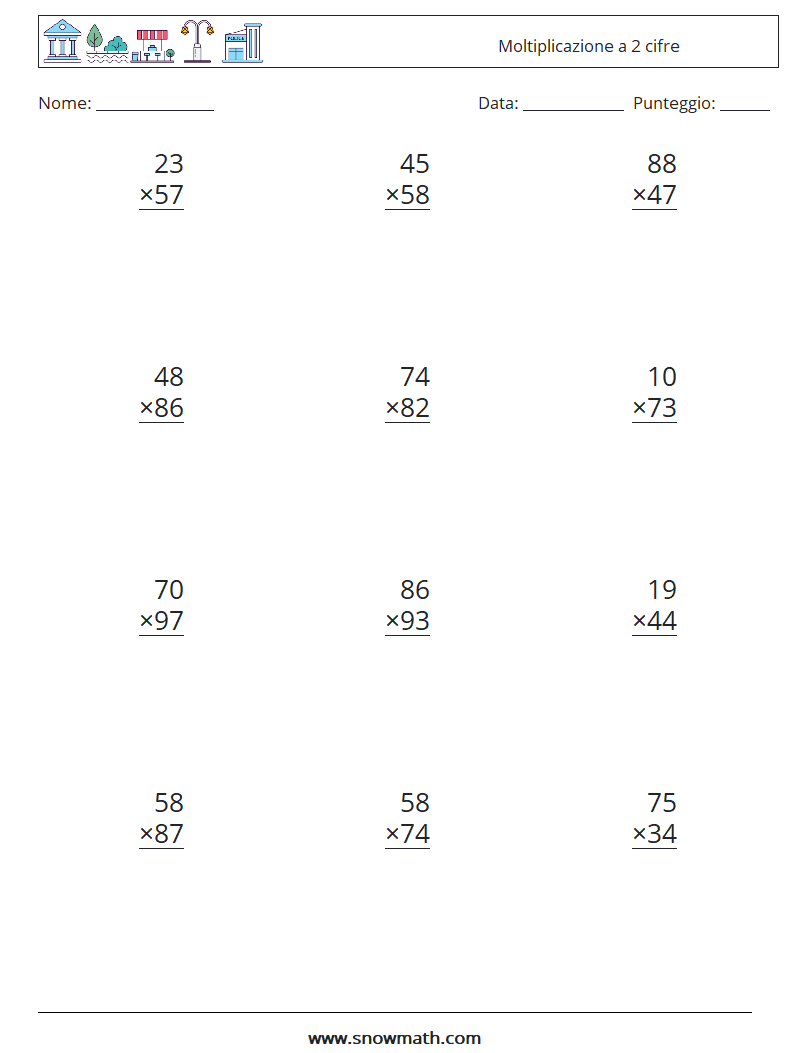 (12) Moltiplicazione a 2 cifre Fogli di lavoro di matematica 7