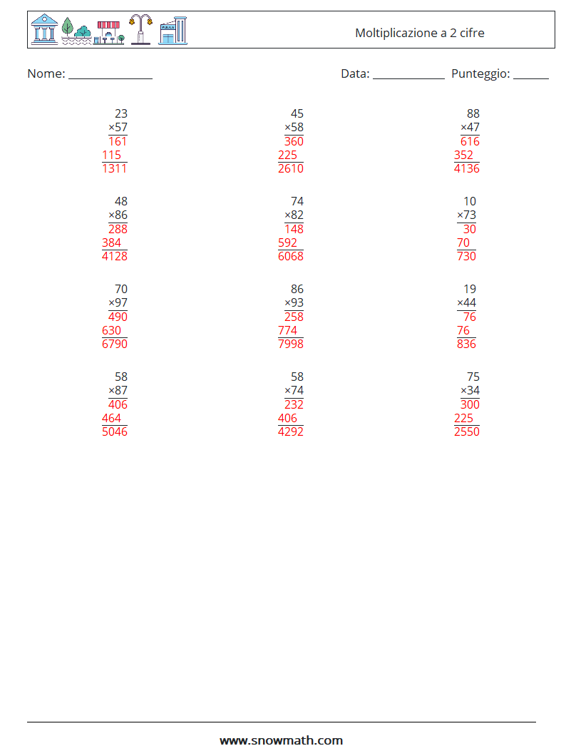 (12) Moltiplicazione a 2 cifre Fogli di lavoro di matematica 7 Domanda, Risposta