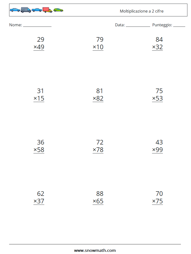 (12) Moltiplicazione a 2 cifre Fogli di lavoro di matematica 8