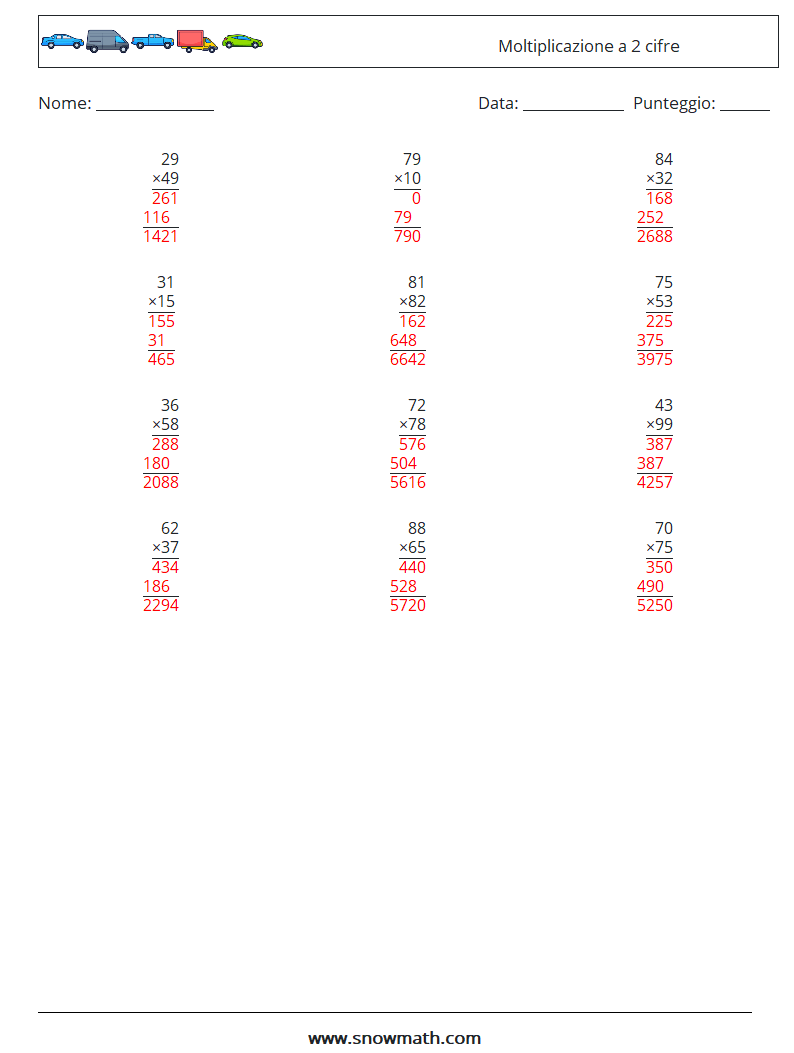 (12) Moltiplicazione a 2 cifre Fogli di lavoro di matematica 8 Domanda, Risposta