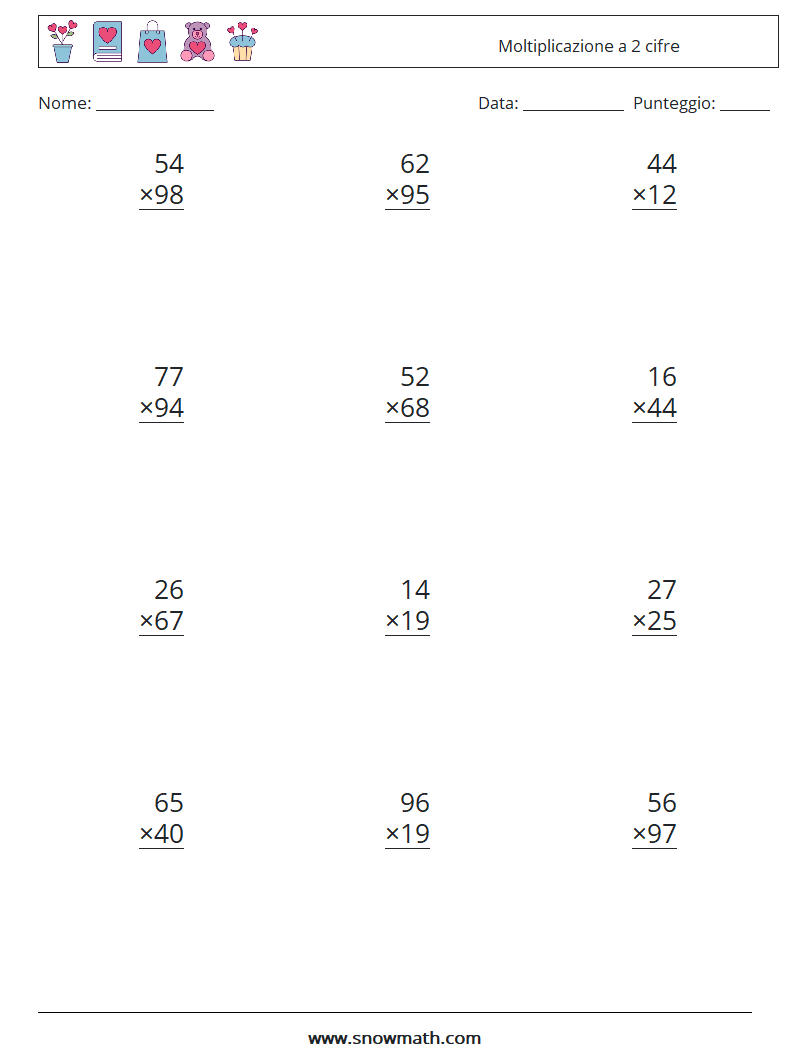 (12) Moltiplicazione a 2 cifre Fogli di lavoro di matematica 9