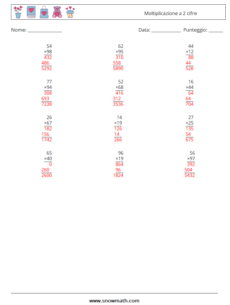 (12) Moltiplicazione a 2 cifre Fogli di lavoro di matematica 9 Domanda, Risposta