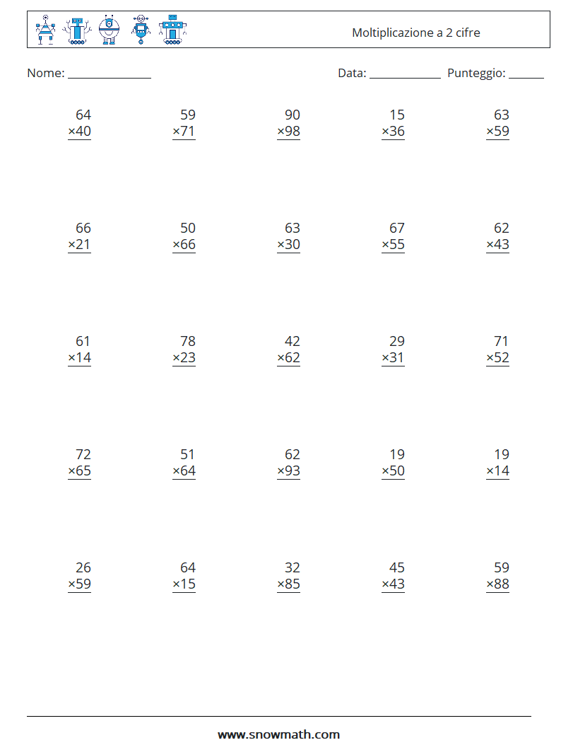 (25) Moltiplicazione a 2 cifre Fogli di lavoro di matematica 10