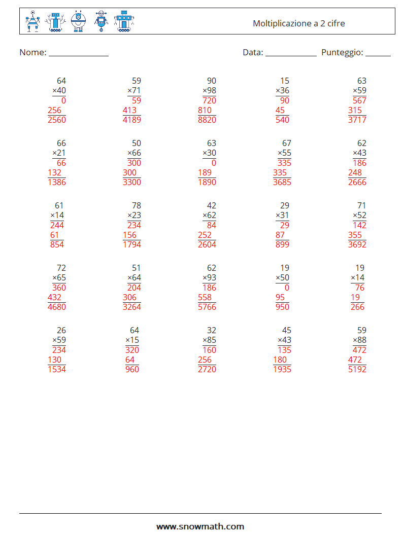 (25) Moltiplicazione a 2 cifre Fogli di lavoro di matematica 10 Domanda, Risposta