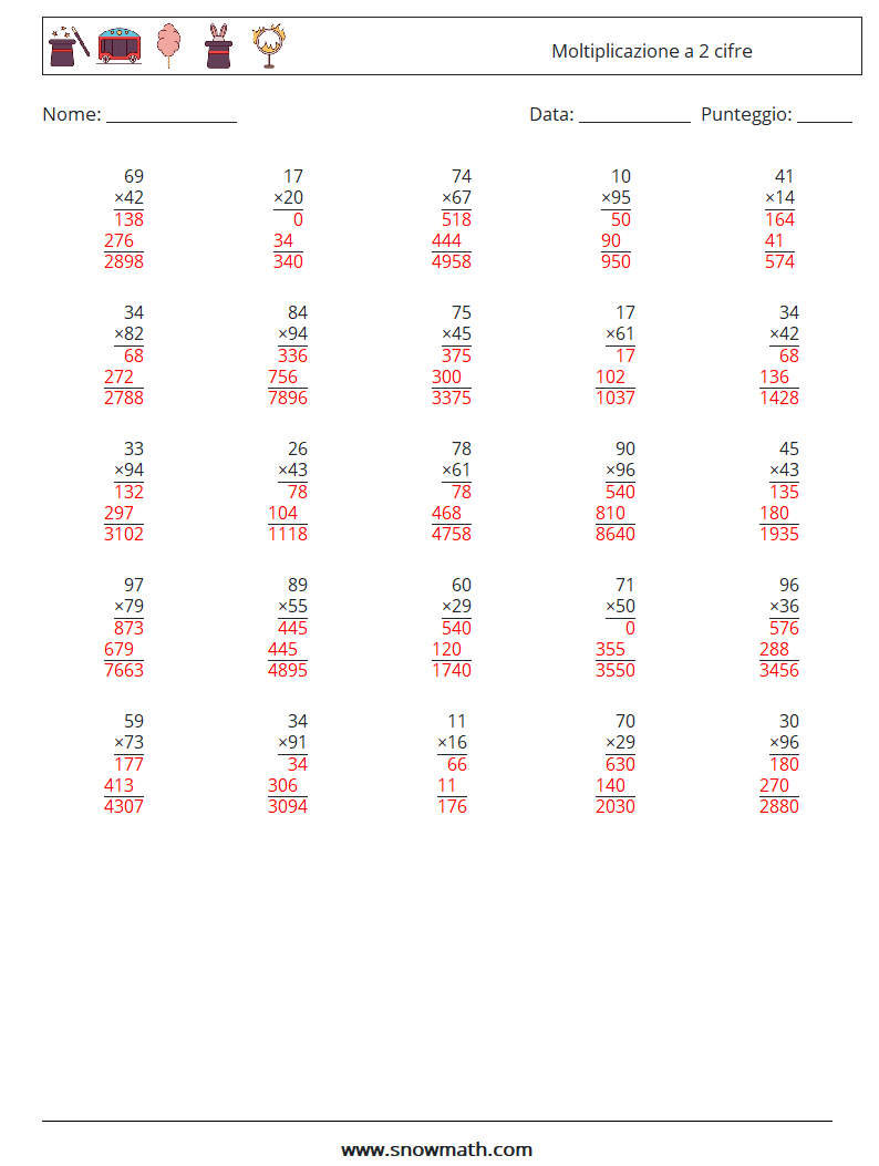 (25) Moltiplicazione a 2 cifre Fogli di lavoro di matematica 12 Domanda, Risposta