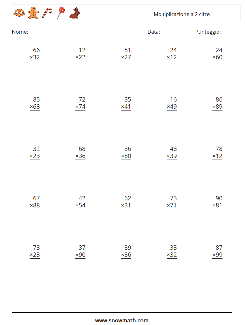 (25) Moltiplicazione a 2 cifre Fogli di lavoro di matematica 13