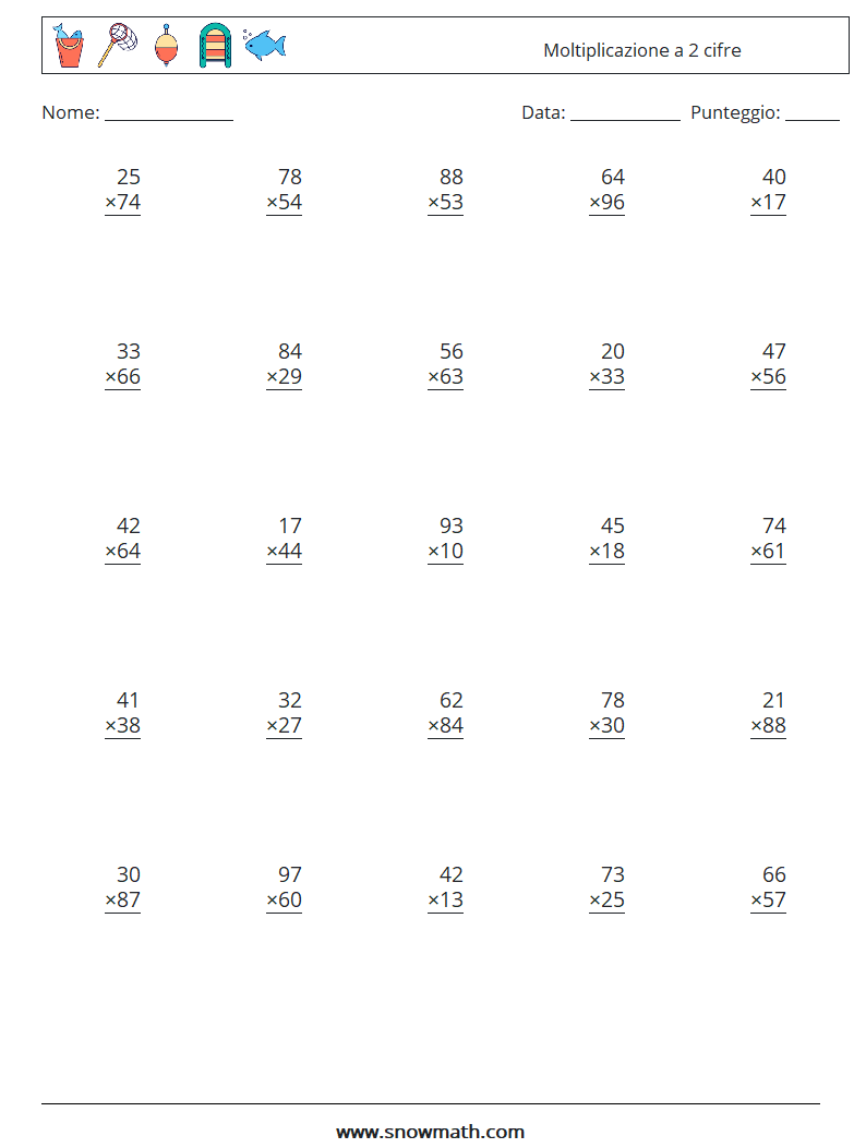 (25) Moltiplicazione a 2 cifre Fogli di lavoro di matematica 15