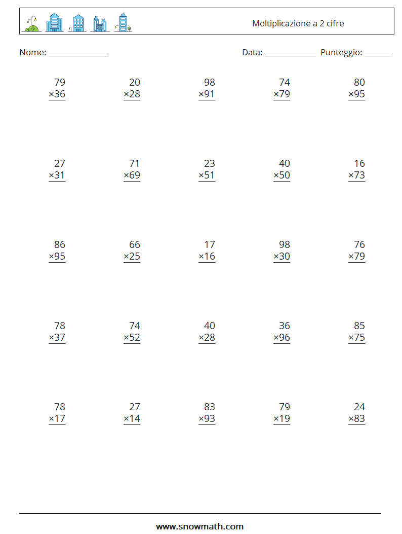 (25) Moltiplicazione a 2 cifre Fogli di lavoro di matematica 16