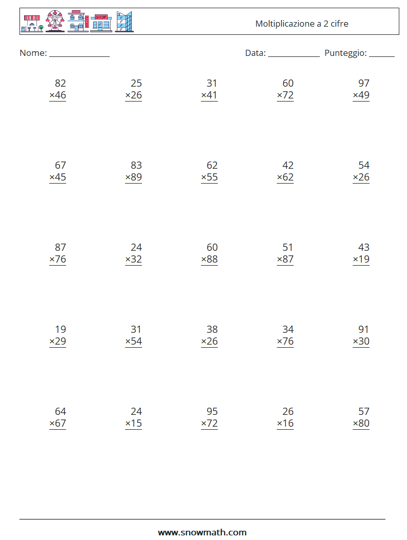 (25) Moltiplicazione a 2 cifre Fogli di lavoro di matematica 17