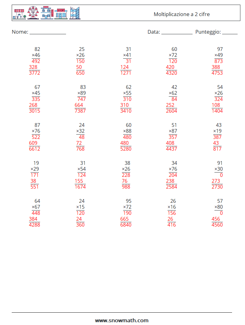 (25) Moltiplicazione a 2 cifre Fogli di lavoro di matematica 17 Domanda, Risposta