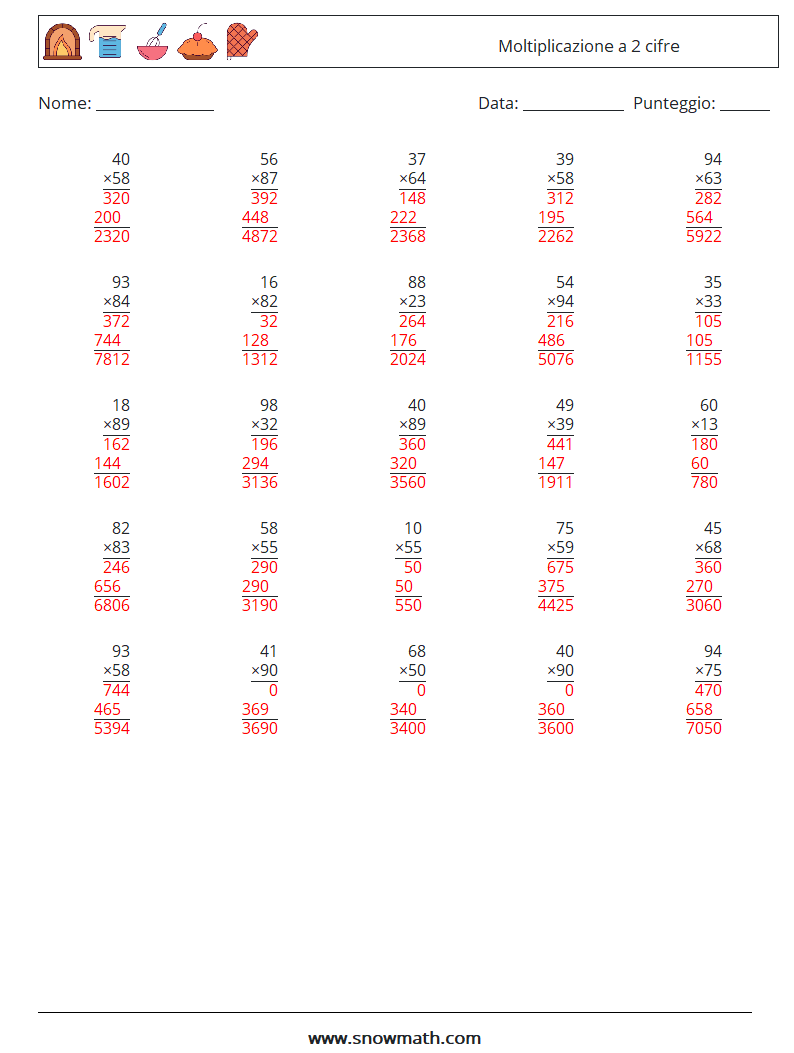(25) Moltiplicazione a 2 cifre Fogli di lavoro di matematica 1 Domanda, Risposta