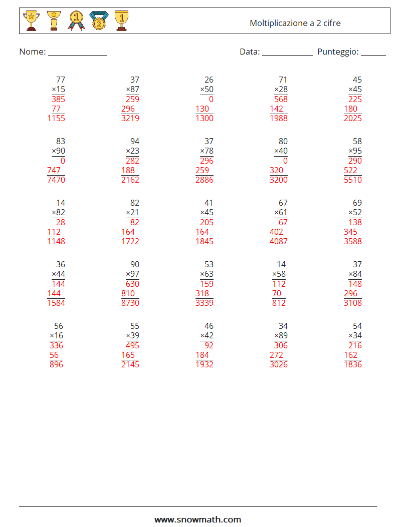 (25) Moltiplicazione a 2 cifre Fogli di lavoro di matematica 2 Domanda, Risposta