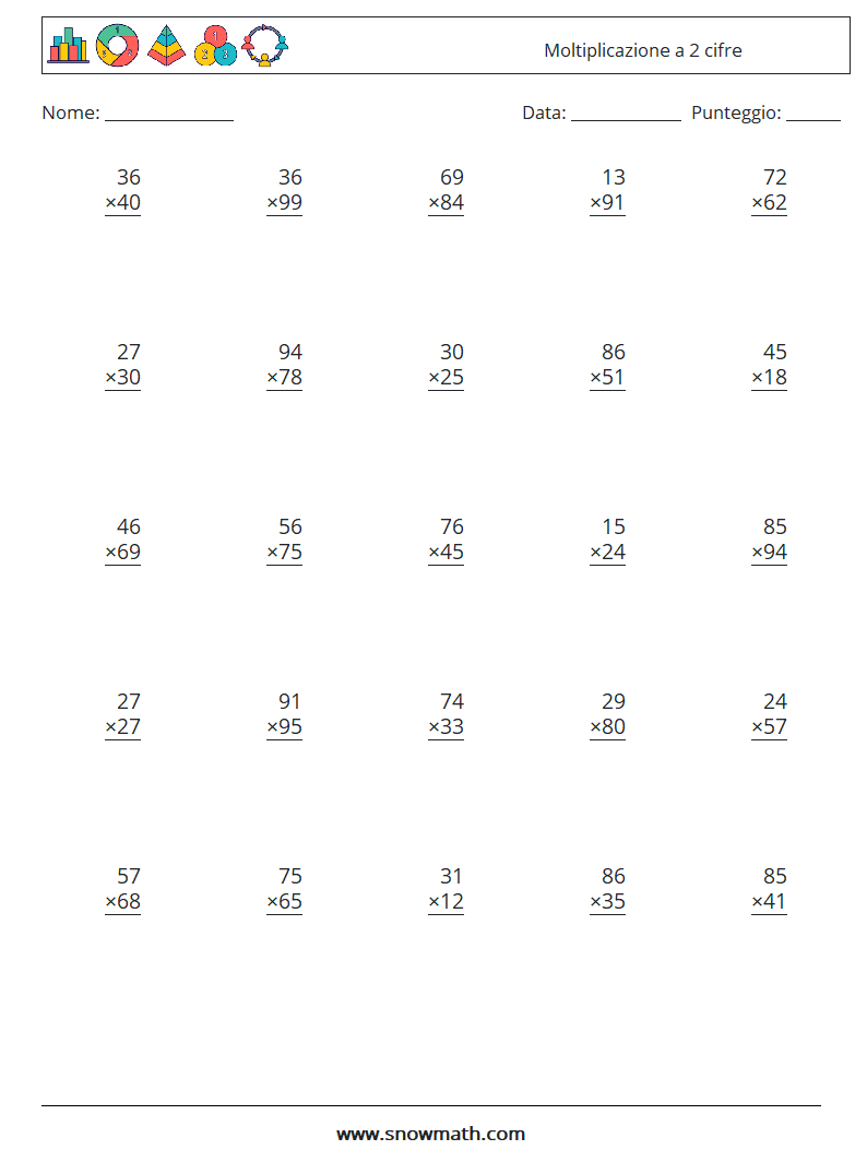 (25) Moltiplicazione a 2 cifre Fogli di lavoro di matematica 3