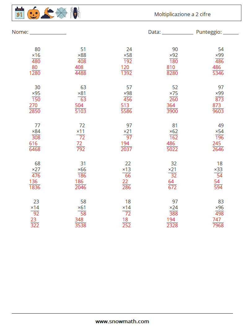 (25) Moltiplicazione a 2 cifre Fogli di lavoro di matematica 4 Domanda, Risposta