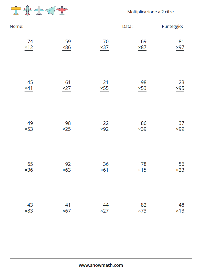 (25) Moltiplicazione a 2 cifre Fogli di lavoro di matematica 5
