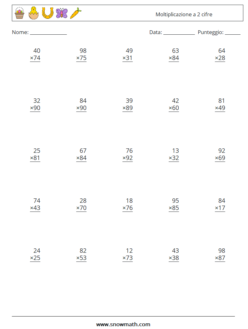 (25) Moltiplicazione a 2 cifre Fogli di lavoro di matematica 8