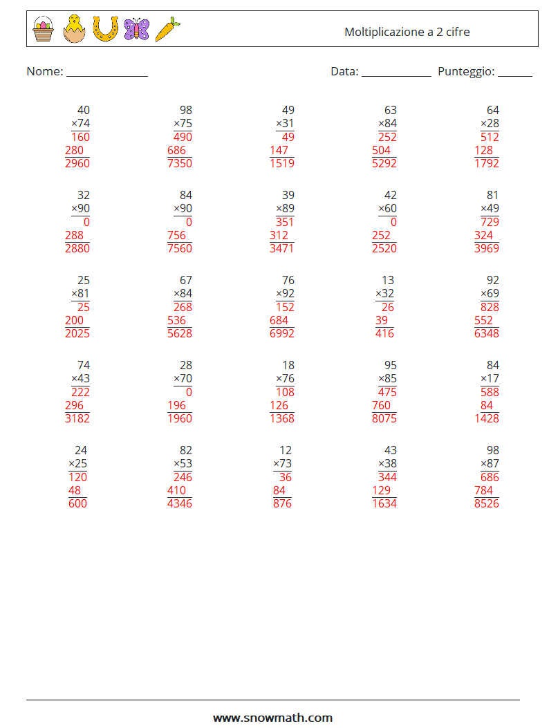 (25) Moltiplicazione a 2 cifre Fogli di lavoro di matematica 8 Domanda, Risposta
