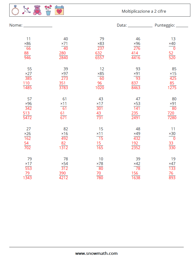 (25) Moltiplicazione a 2 cifre Fogli di lavoro di matematica 9 Domanda, Risposta
