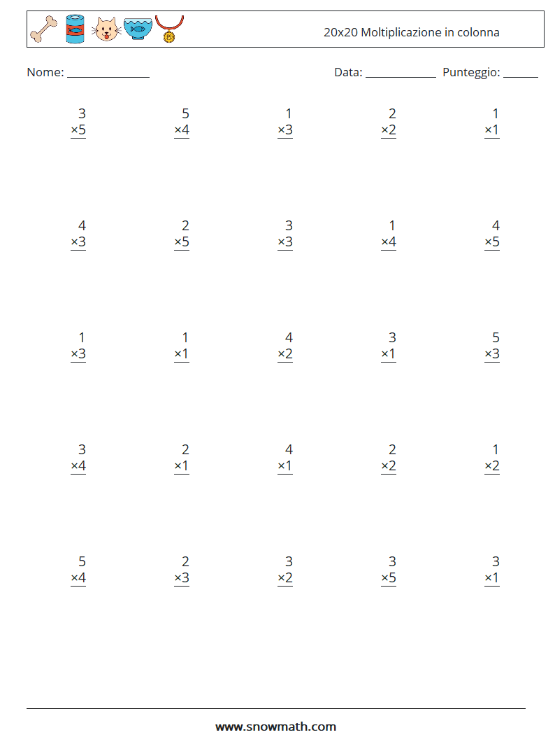 (25) 20x20 Moltiplicazione in colonna Fogli di lavoro di matematica 10