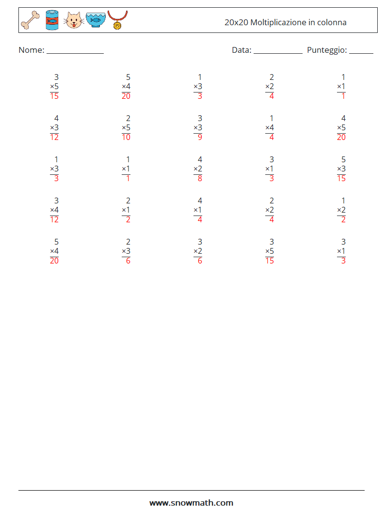 (25) 20x20 Moltiplicazione in colonna Fogli di lavoro di matematica 10 Domanda, Risposta