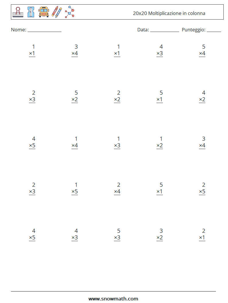 (25) 20x20 Moltiplicazione in colonna Fogli di lavoro di matematica 11