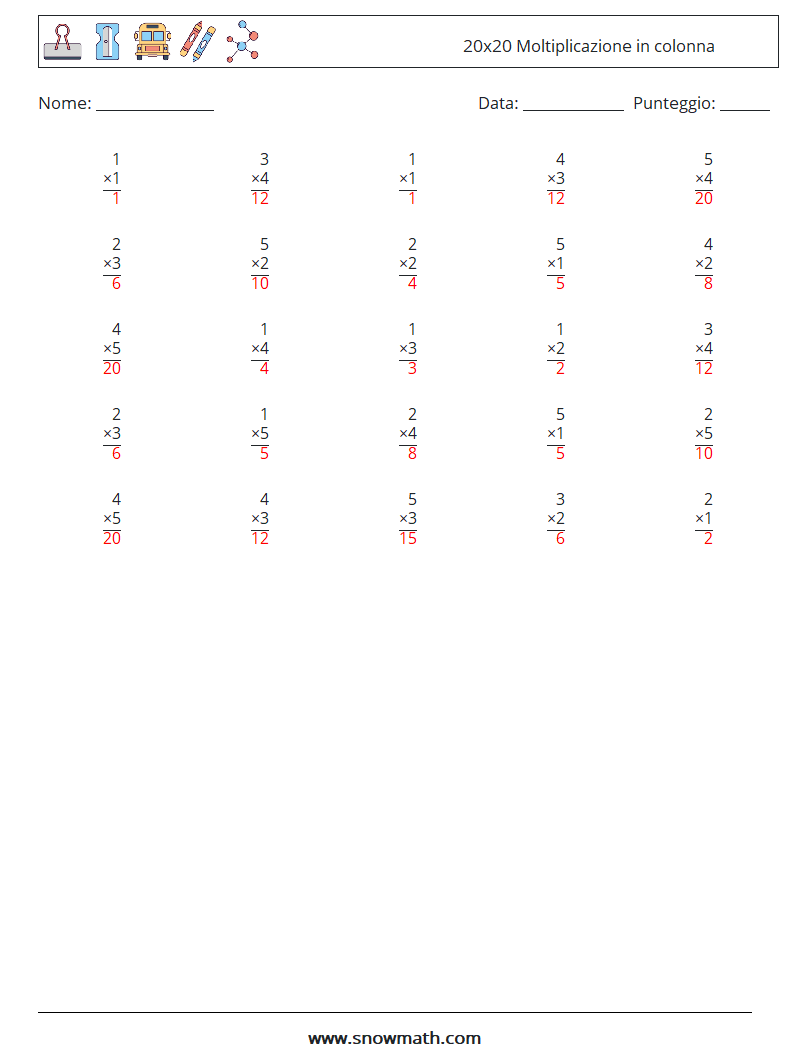 (25) 20x20 Moltiplicazione in colonna Fogli di lavoro di matematica 11 Domanda, Risposta