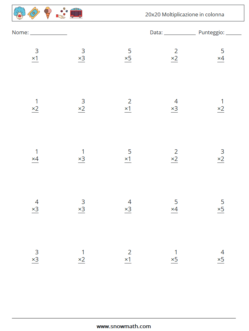 (25) 20x20 Moltiplicazione in colonna Fogli di lavoro di matematica 12