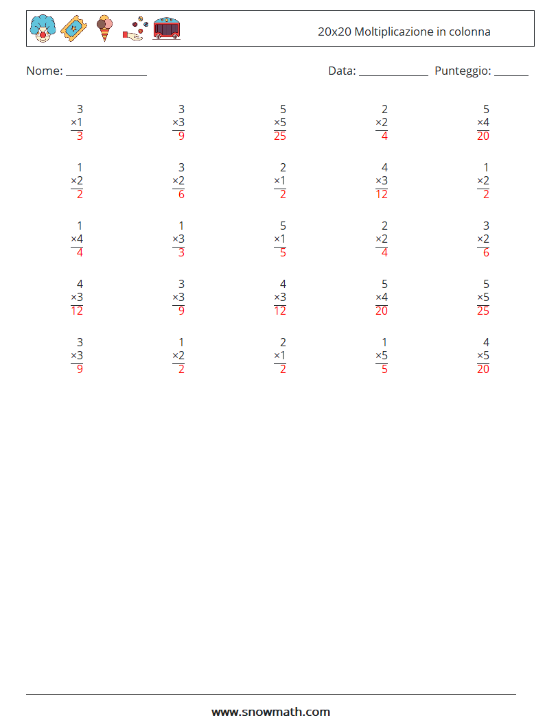 (25) 20x20 Moltiplicazione in colonna Fogli di lavoro di matematica 12 Domanda, Risposta