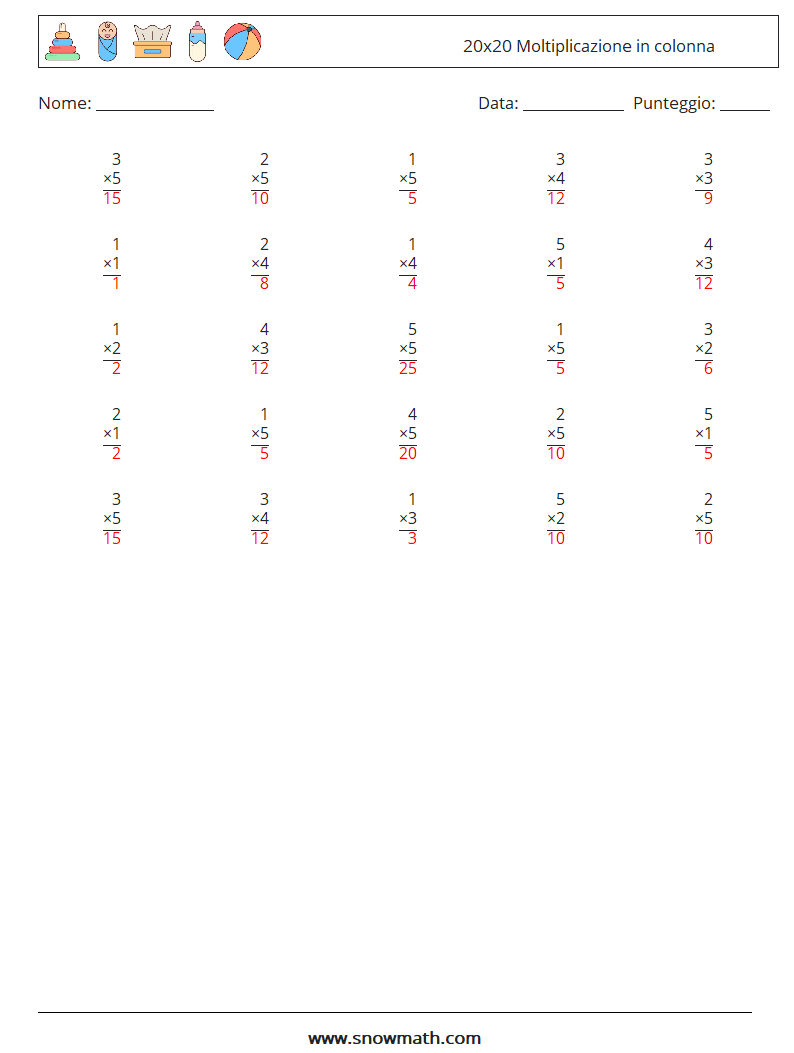 (25) 20x20 Moltiplicazione in colonna Fogli di lavoro di matematica 15 Domanda, Risposta