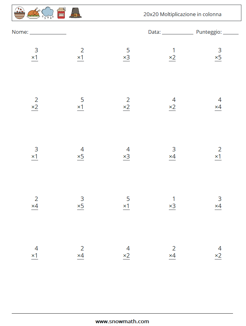 (25) 20x20 Moltiplicazione in colonna Fogli di lavoro di matematica 16