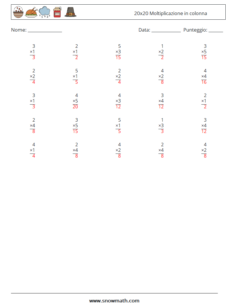 (25) 20x20 Moltiplicazione in colonna Fogli di lavoro di matematica 16 Domanda, Risposta